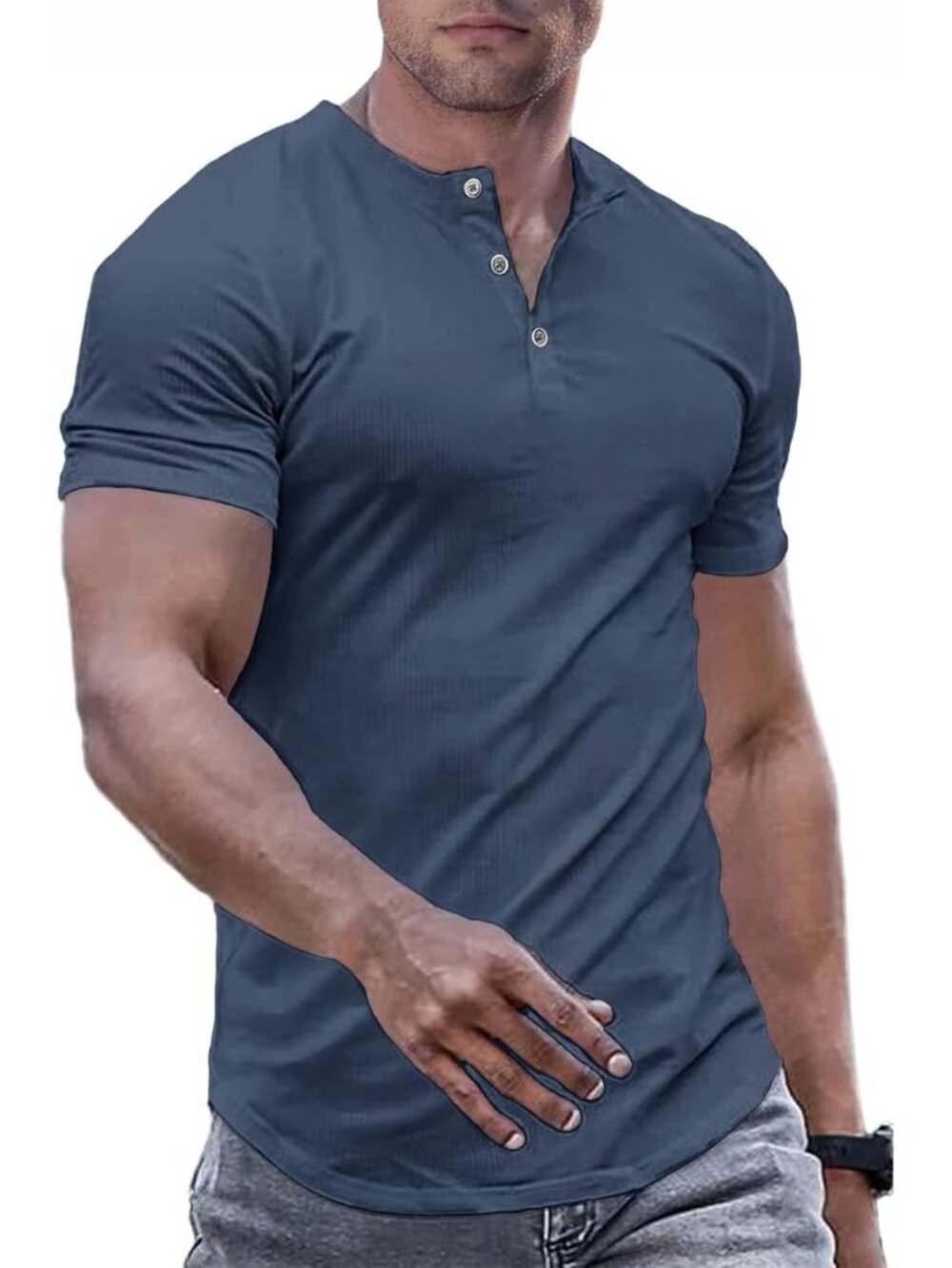 Men's Blue Muscle Slim Henley Crewneck Longline Athletic Button Tees Shirts